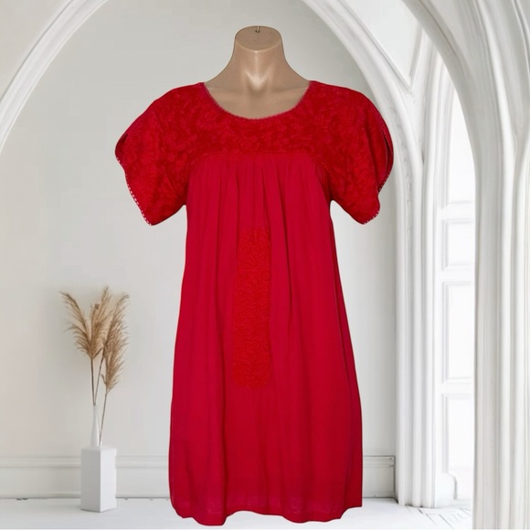 J.MARIE RED EMBROIDERED RUFFLE SHIFT DRESS SZ L - Picture 7 of 9